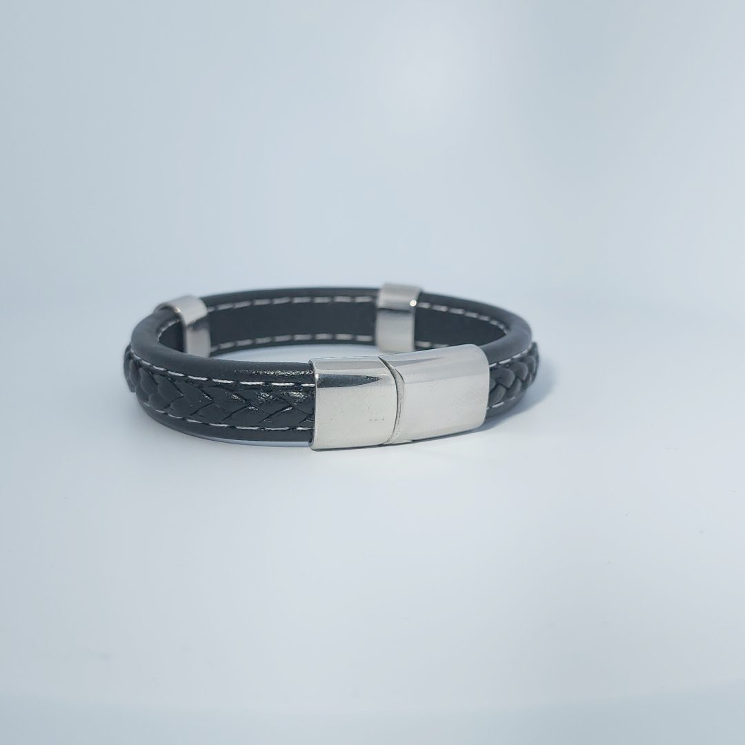 Male Bracelet, black braided leather with stainless steel accents and magnetic clasp.