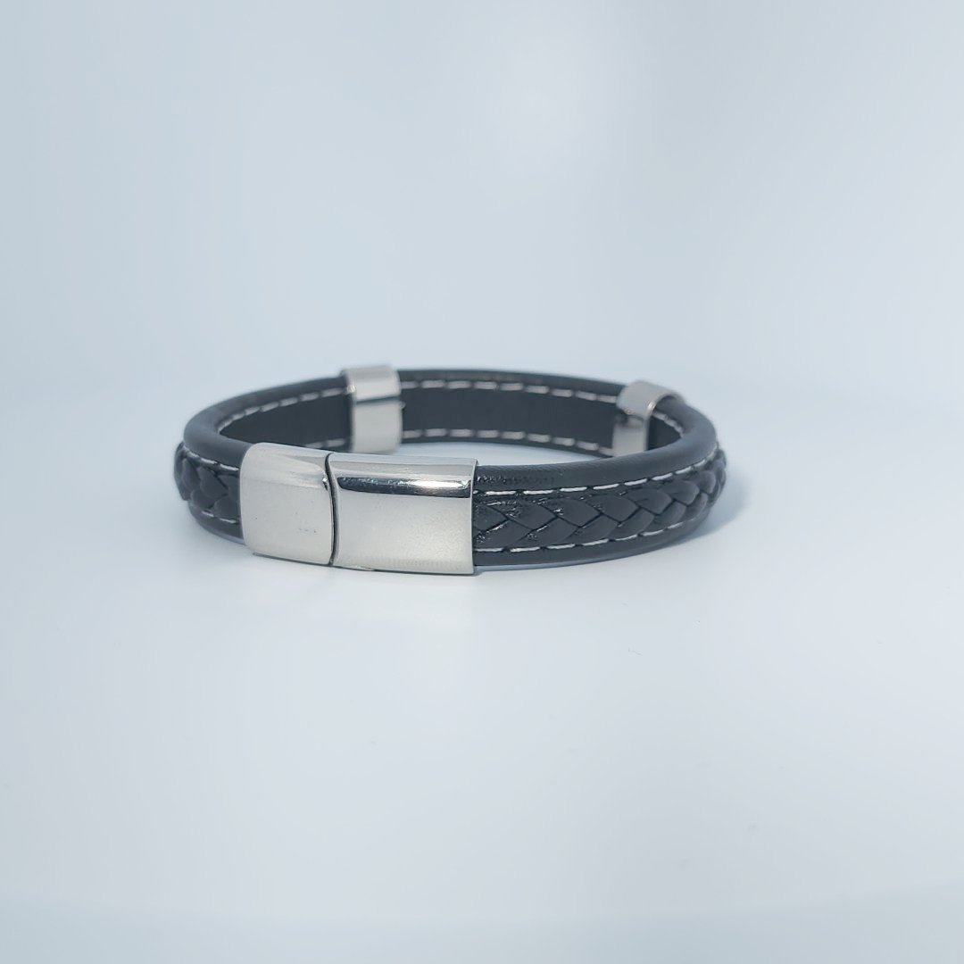 Male Bracelet, black braided leather with stainless steel accents and magnetic clasp.