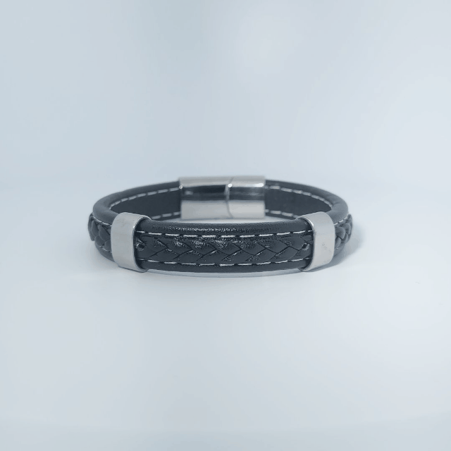Male Bracelet, black braided leather with stainless steel accents and magnetic clasp.