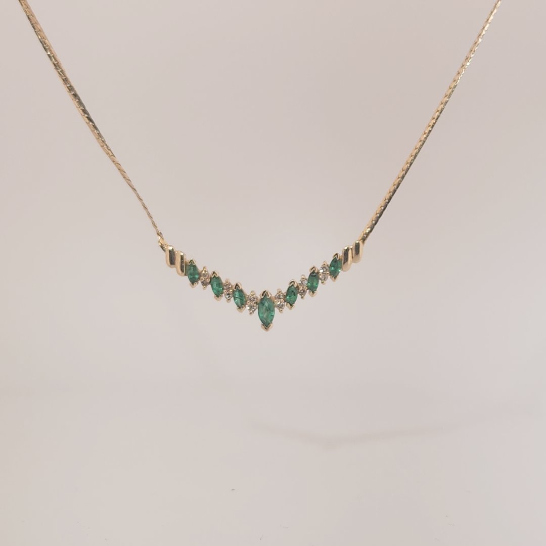 Marquise shape Natural Emeralds (0.55CT) with Natural Diamonds (0.06CT) Necklace, 14K Yellow Gold (6.20GW)