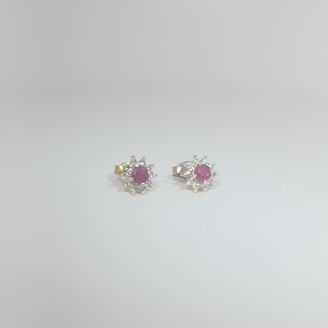 Natural Ruby with Natural Diamonds (0.10CT) Earrings, 14K Yellow Gold