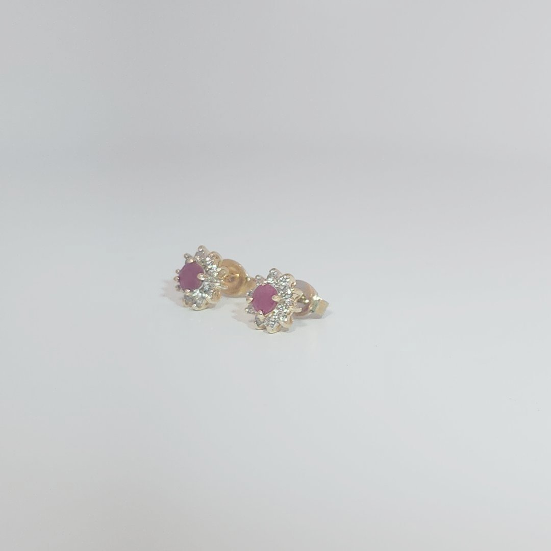 Natural Ruby with Natural Diamonds (0.10CT) Earrings, 14K Yellow Gold