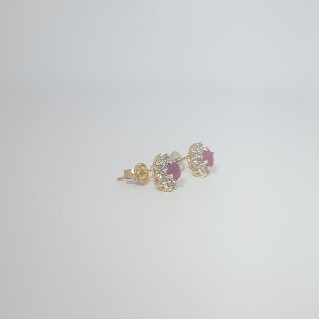 Natural Ruby with Natural Diamonds (0.10CT) Earrings, 14K Yellow Gold