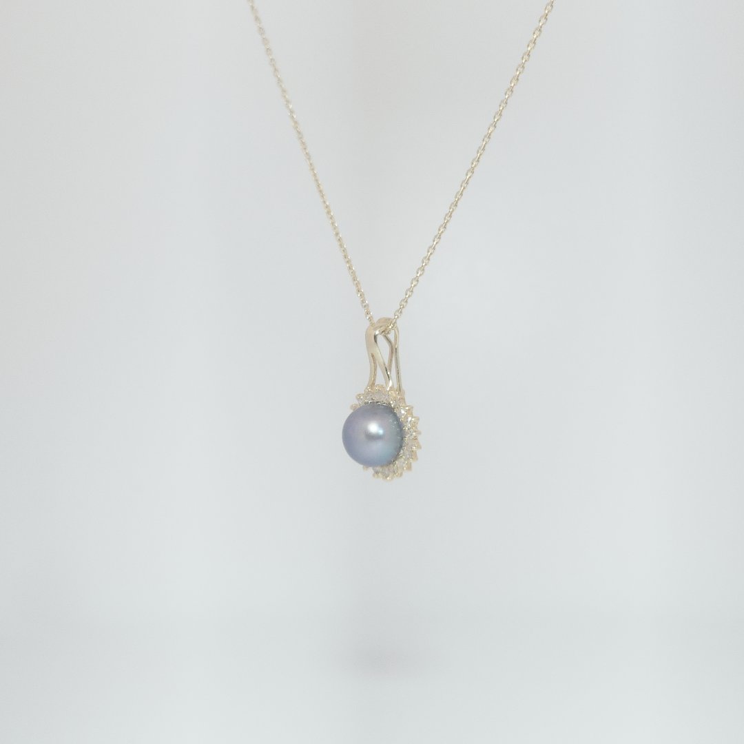 Black Pearl Pendant Chain with Natural Diamonds (0.035 CT), 14K Yellow Gold