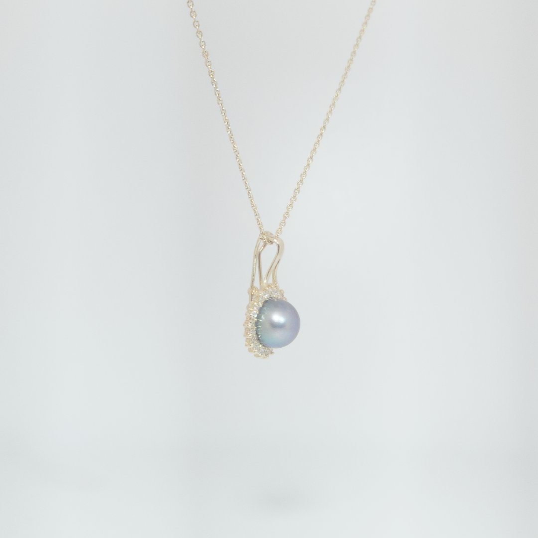 Black Pearl Pendant Chain with Natural Diamonds (0.035 CT), 14K Yellow Gold