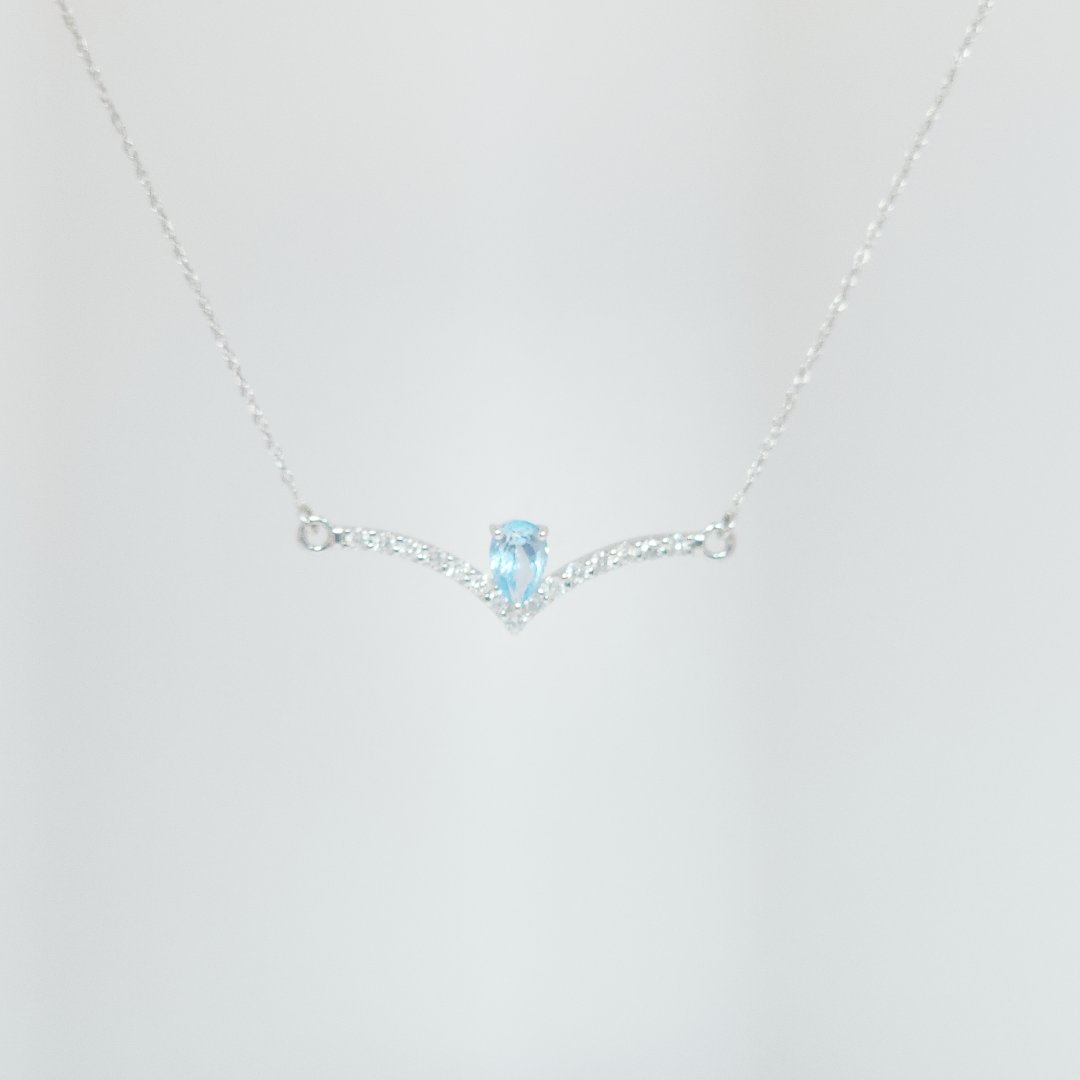 Natural Blue Topaz & 15 x Natural Diamond (0.22CTW), 18" Necklace, 14K White Gold
