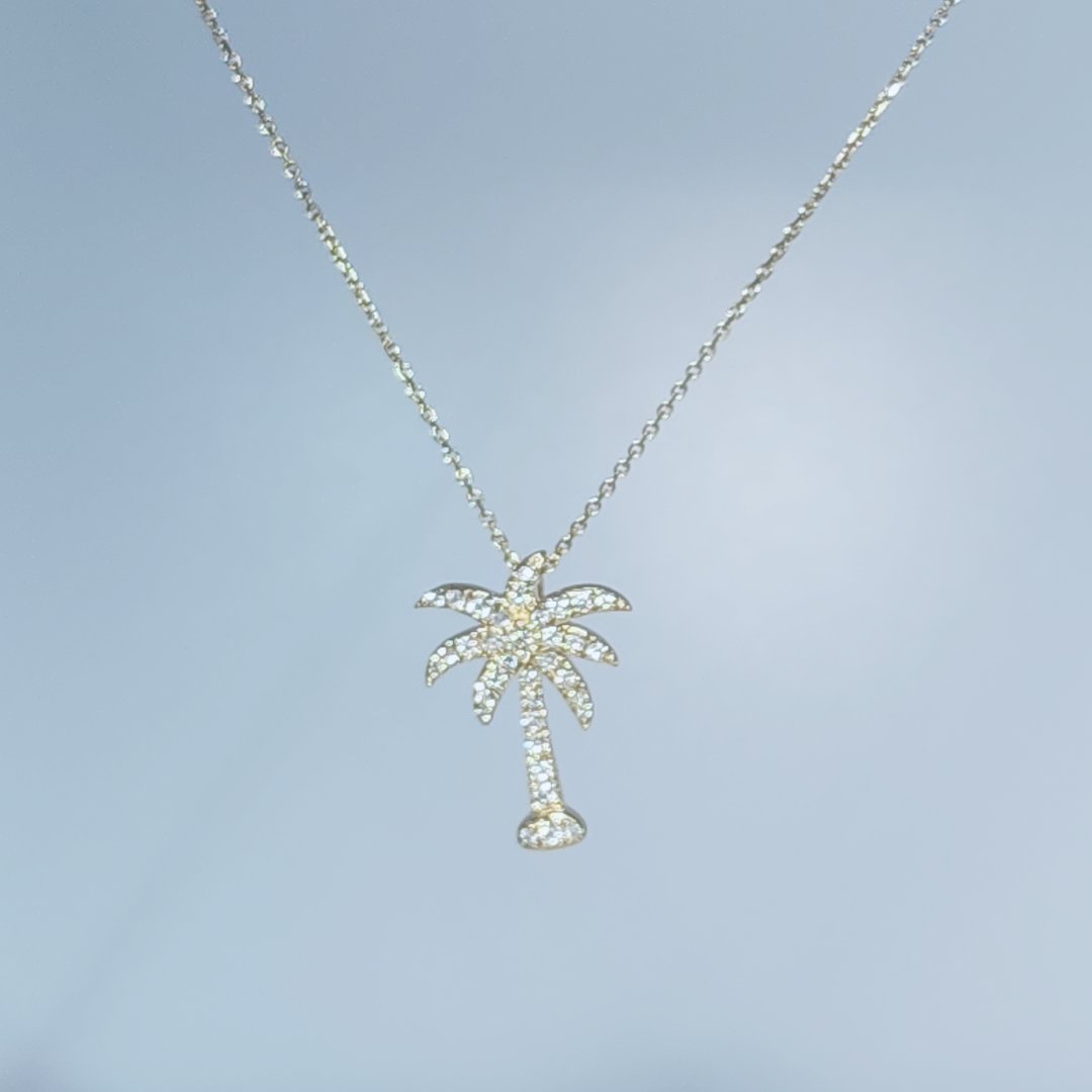 Palm Tree Pendant Chain with 35 x Natural Diamonds (0.24CTW), 14K Yellow Gold.