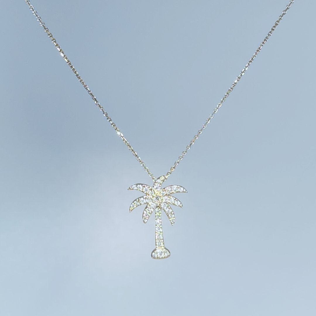 Palm Tree Pendant Chain with 35 x Natural Diamonds (0.24CTW), 14K Yellow Gold.