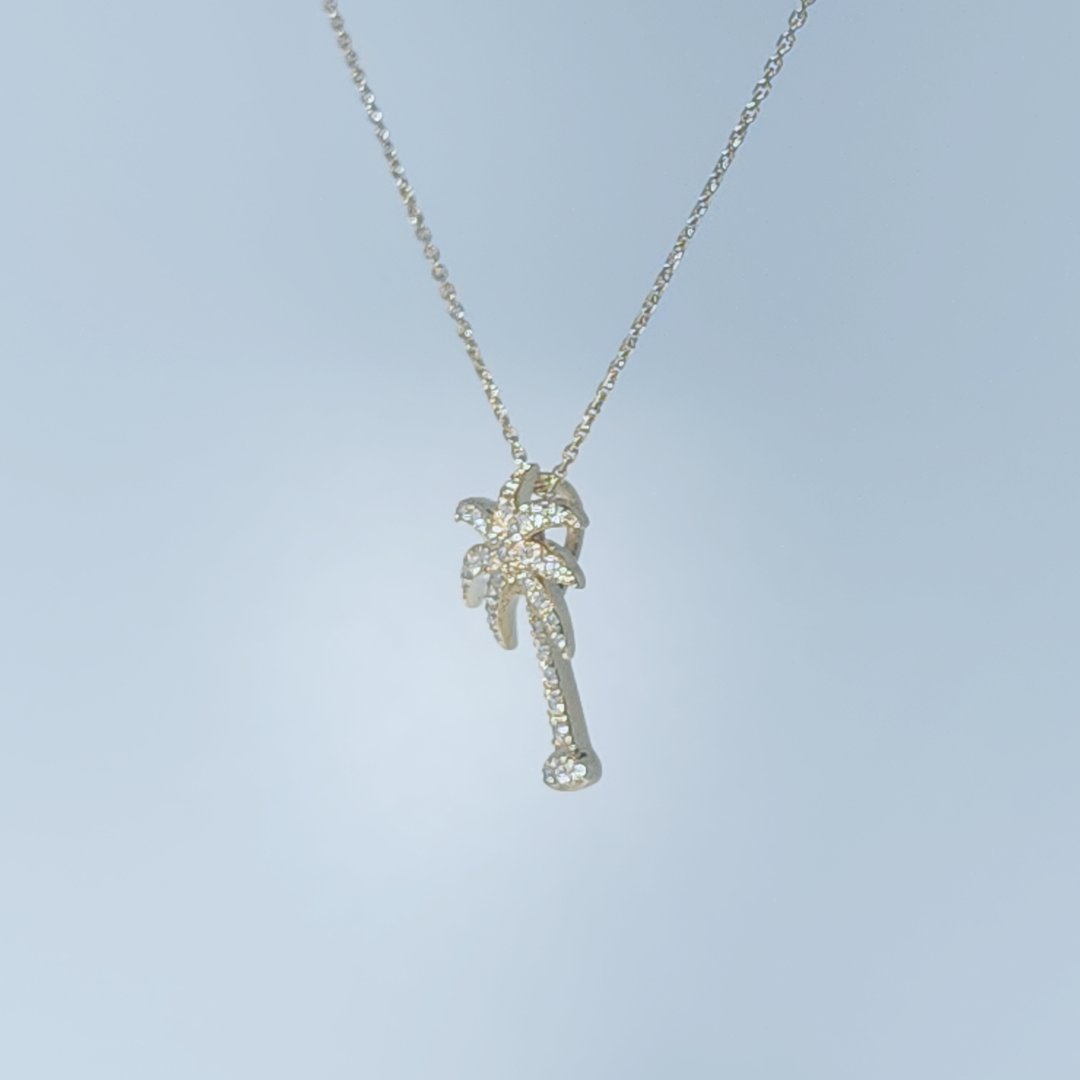 Palm Tree Pendant Chain with 35 x Natural Diamonds (0.24CTW), 14K Yellow Gold.