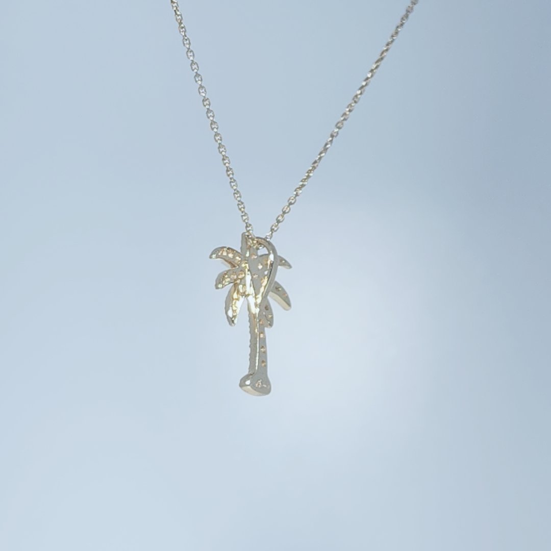 Palm Tree Pendant Chain with 35 x Natural Diamonds (0.24CTW), 14K Yellow Gold.