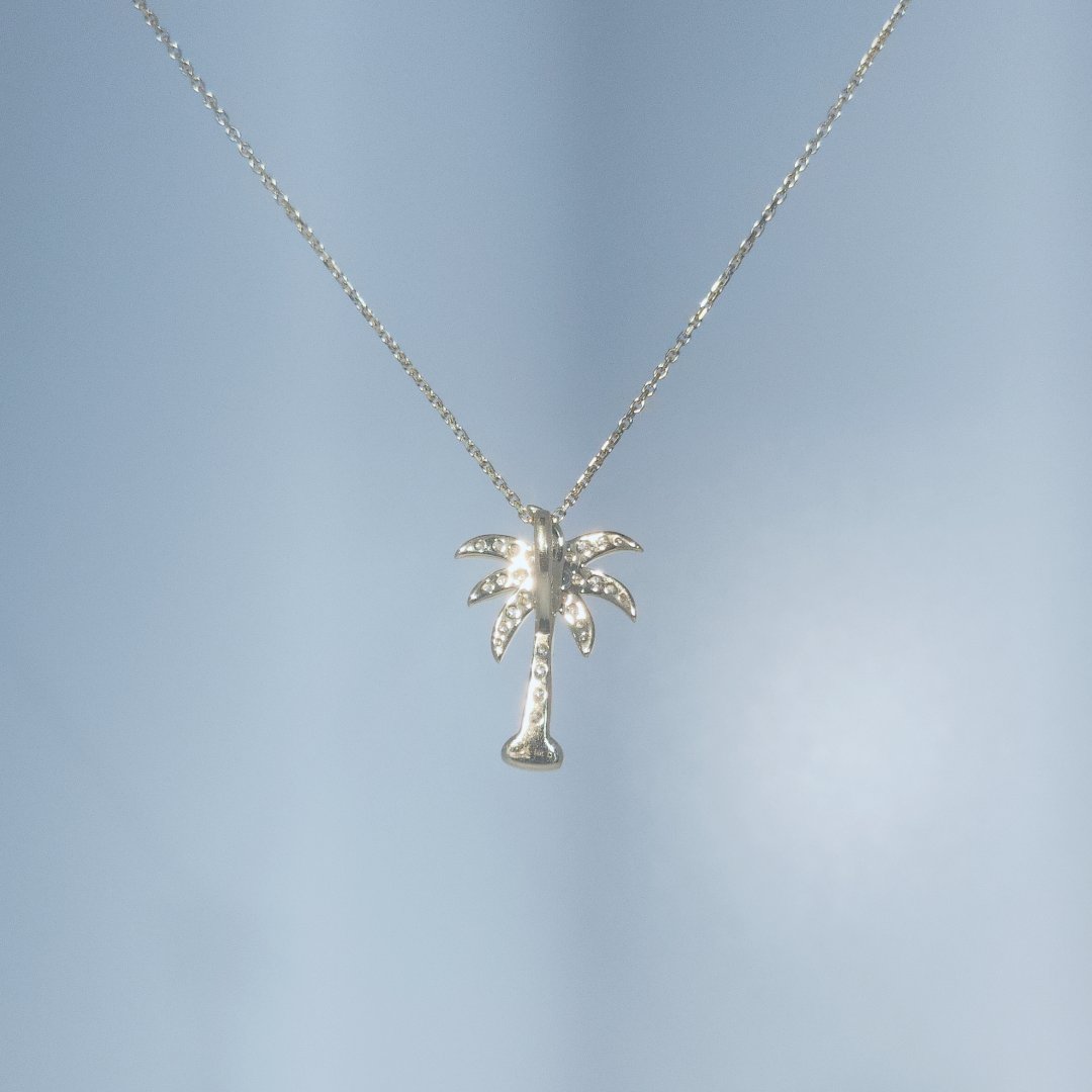 Palm Tree Pendant Chain with 35 x Natural Diamonds (0.24CTW), 14K Yellow Gold.