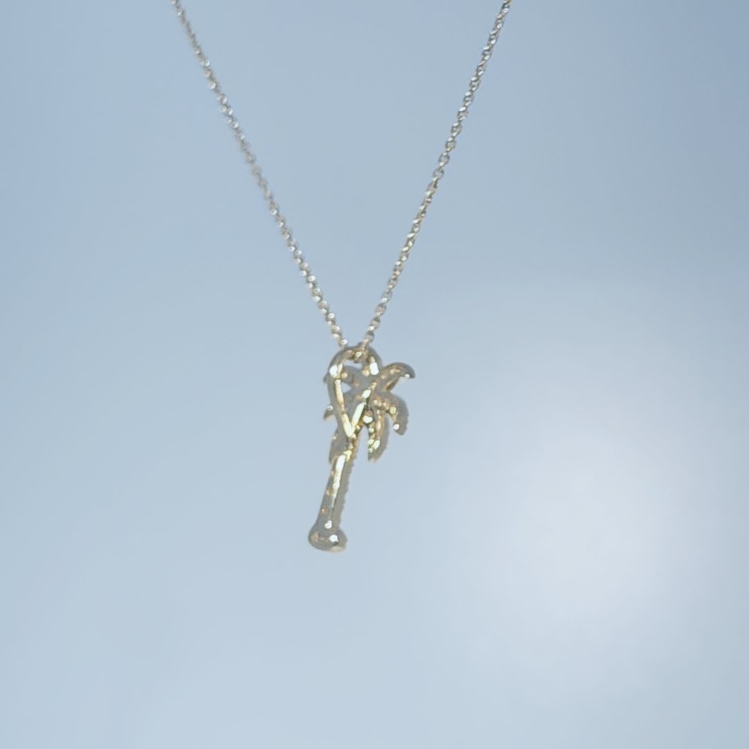 Palm Tree Pendant Chain with 35 x Natural Diamonds (0.24CTW), 14K Yellow Gold.