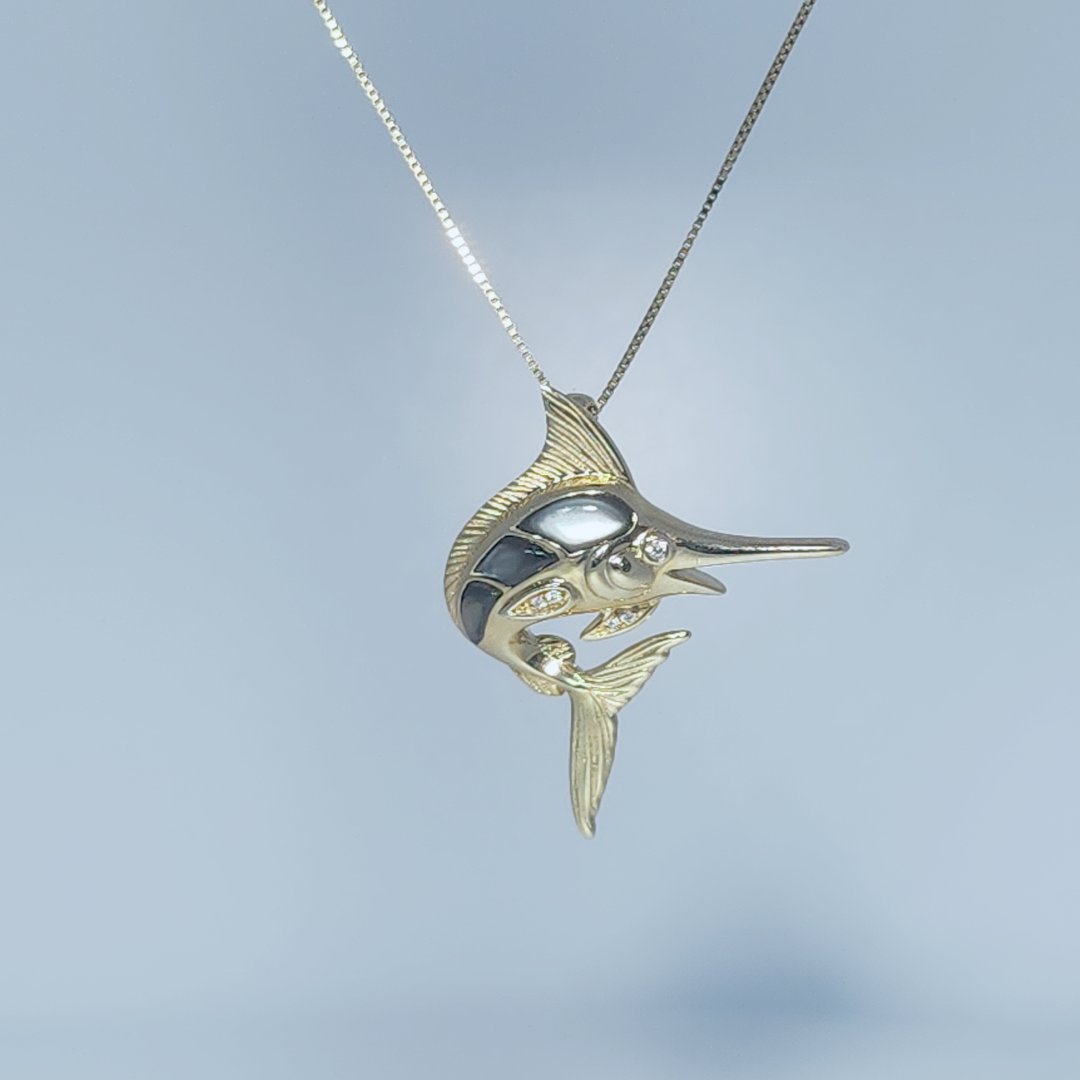Marlin Pendant Chain; 5D0.02;Diamond;Mother Of Pearl Black; 14K Yellow Gold
