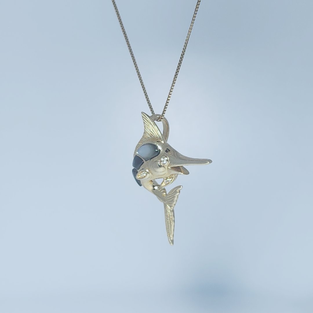 Marlin Pendant Chain; 5D0.02;Diamond;Mother Of Pearl Black; 14K Yellow Gold