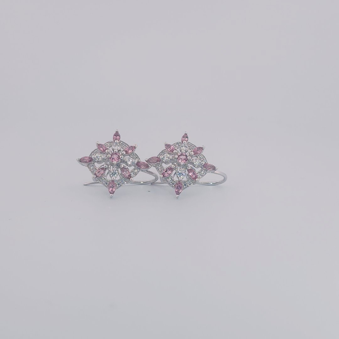 Natural Pink Tourmaline and CZ Earring 5.9 Gram, 14K White Gold