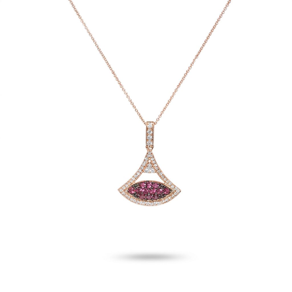 Natural Diamonds (0.75 CT), Natural Rhodolite Garnet, Diva Pendent Chain, 14K Rose Gold