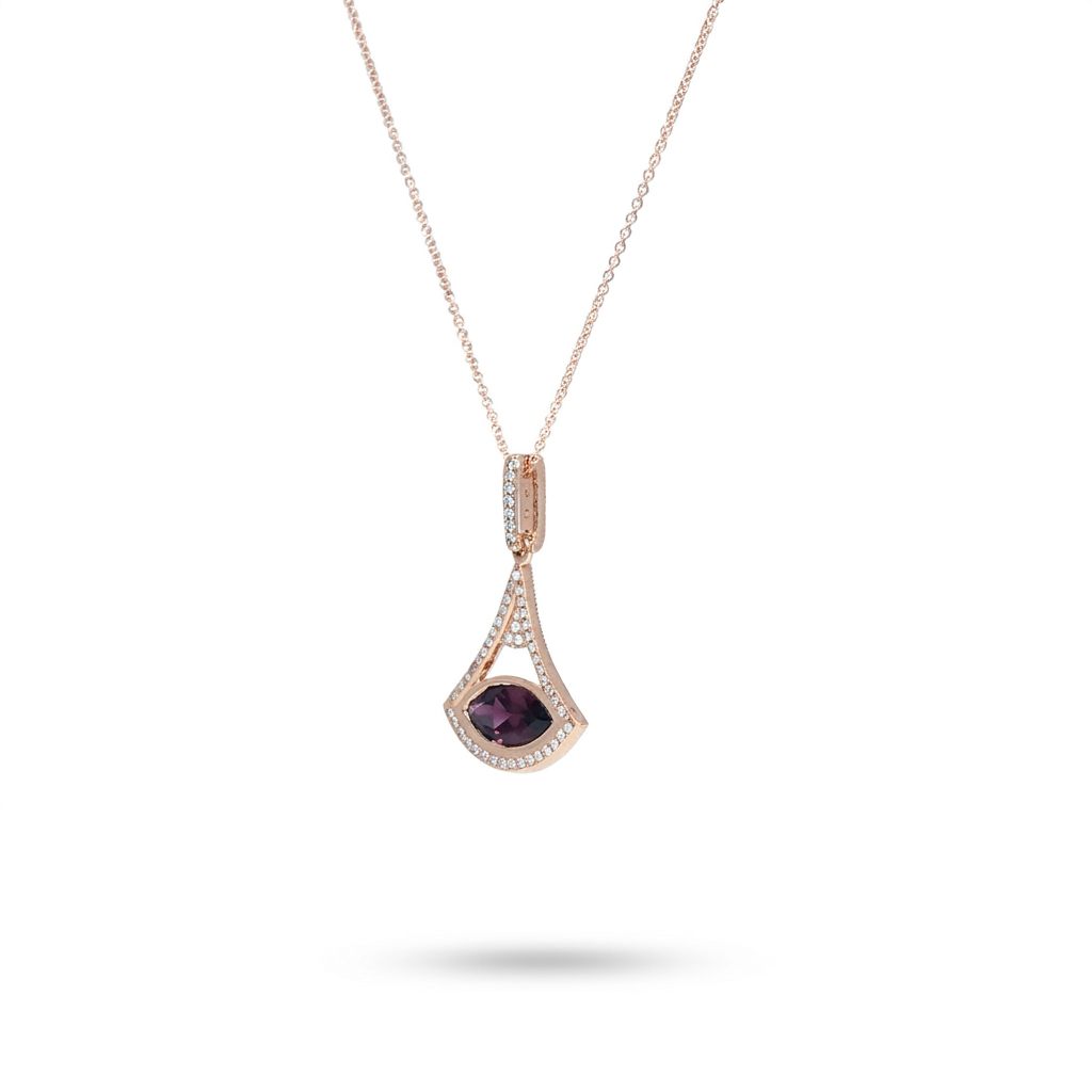 Natural Diamonds (0.75 CT), Natural Rhodolite Garnet, Diva Pendent Chain, 14K Rose Gold