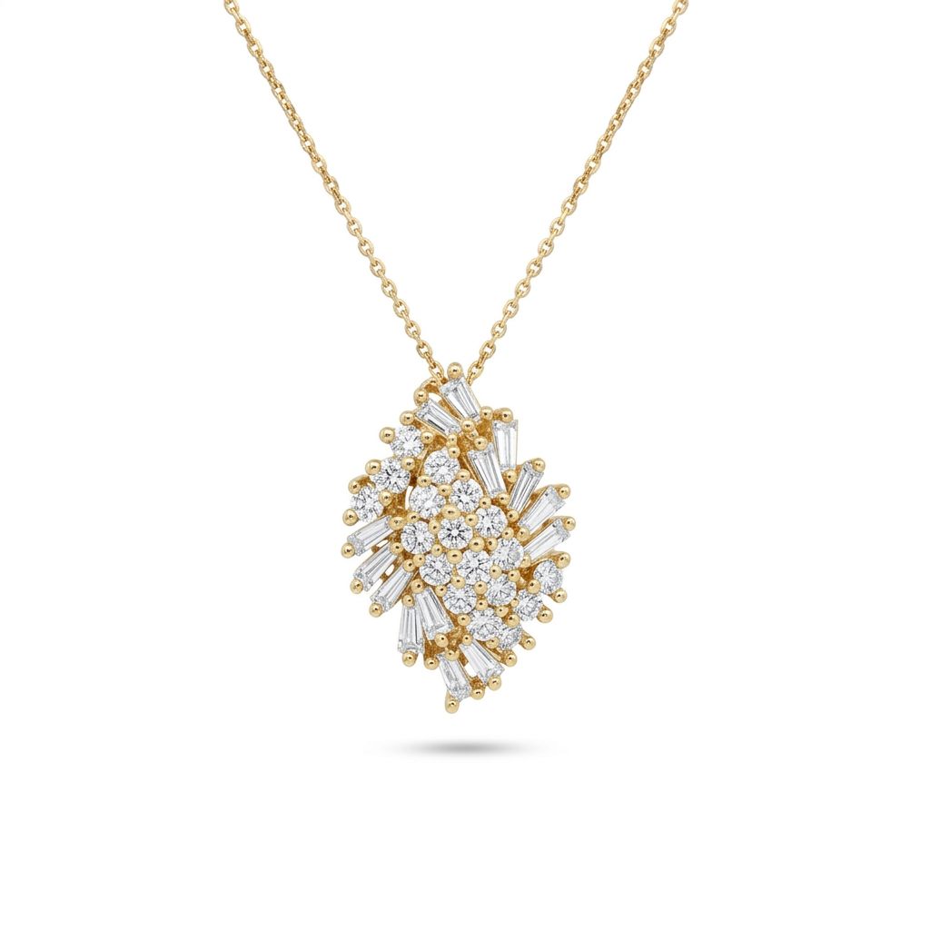 14K Yellow Gold Necklace, set with Brilliant Cut Diamonds and Baguette Cut Diamonds in cluster design.