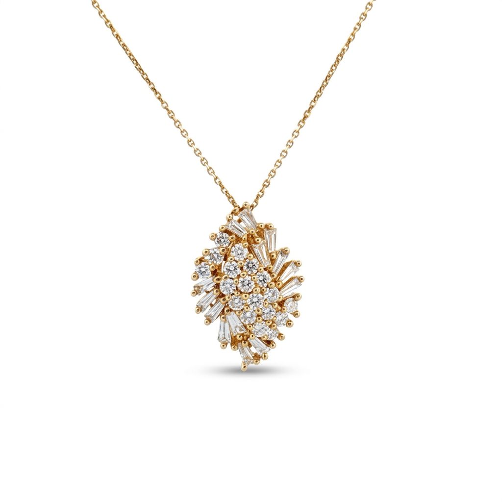 14K Yellow Gold Necklace, set with Brilliant Cut Diamonds and Baguette Cut Diamonds in cluster design.