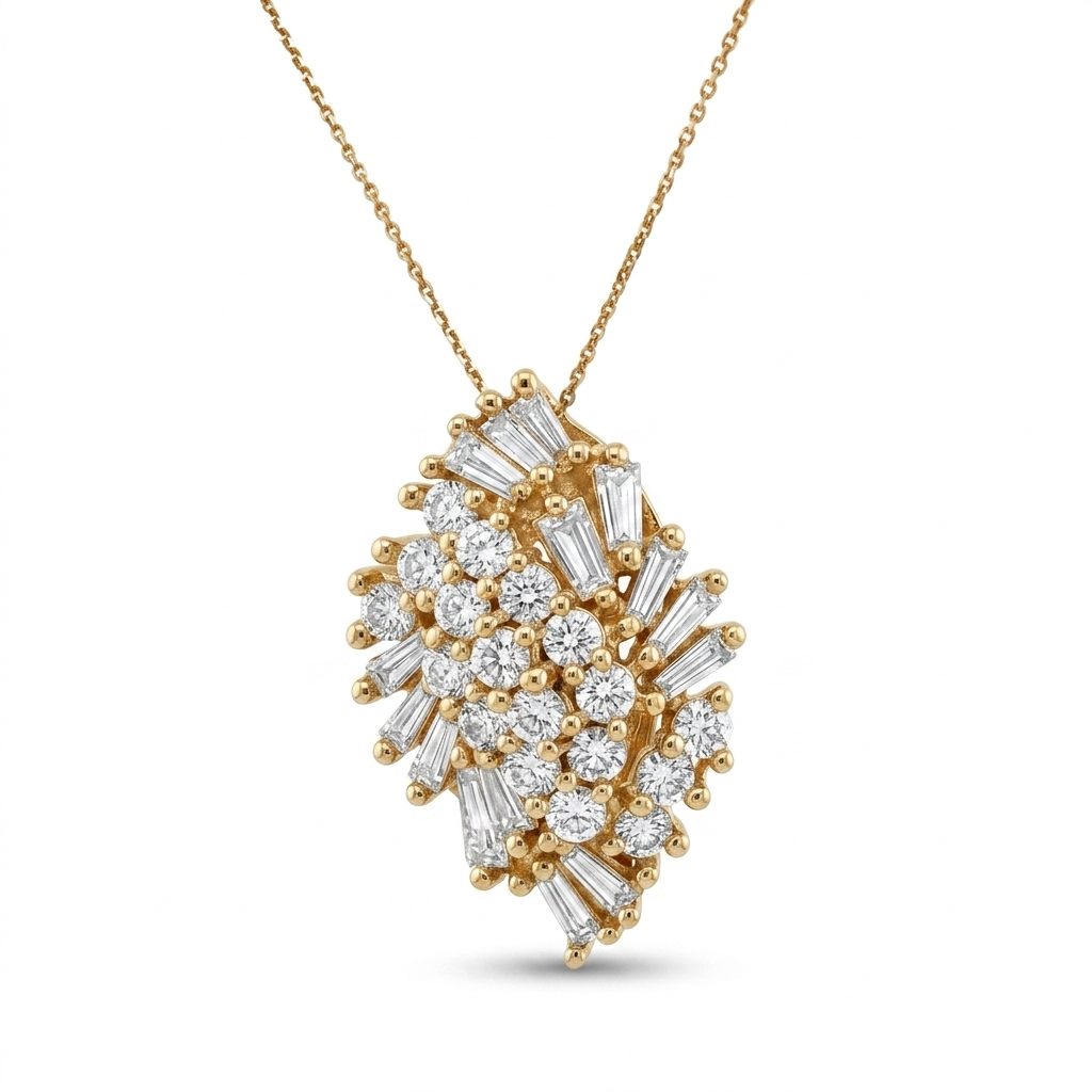 14K Yellow Gold Necklace, set with Brilliant Cut Diamonds and Baguette Cut Diamonds in cluster design.