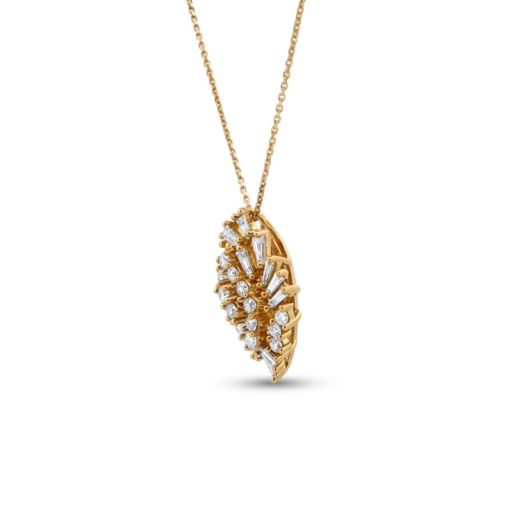 14K Yellow Gold Necklace, set with Brilliant Cut Diamonds and Baguette Cut Diamonds in cluster design.