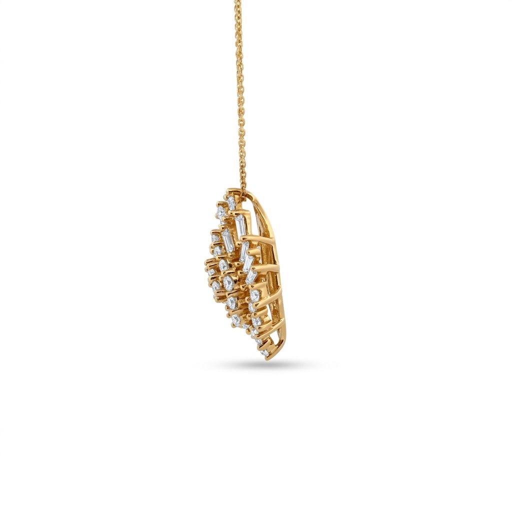14K Yellow Gold Necklace, set with Brilliant Cut Diamonds and Baguette Cut Diamonds in cluster design.