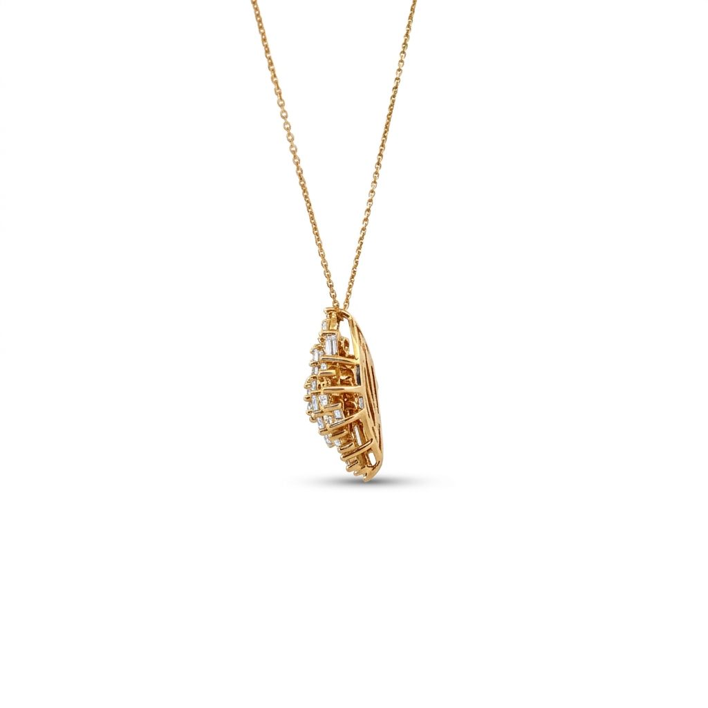 14K Yellow Gold Necklace, set with Brilliant Cut Diamonds and Baguette Cut Diamonds in cluster design.