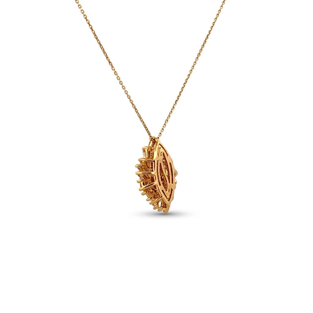 14K Yellow Gold Necklace, set with Brilliant Cut Diamonds and Baguette Cut Diamonds in cluster design.