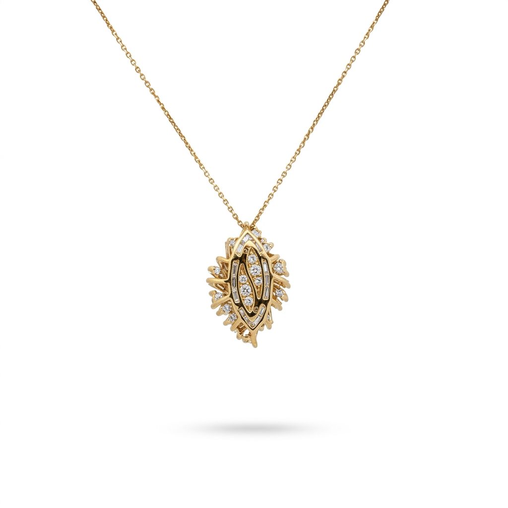 14K Yellow Gold Necklace, set with Brilliant Cut Diamonds and Baguette Cut Diamonds in cluster design.