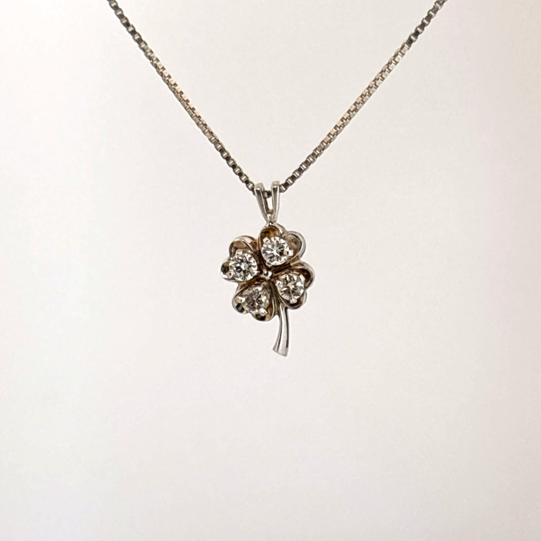 Natural Diamonds (1/4 CT), Clover Pendent Chain, 14K White Gold