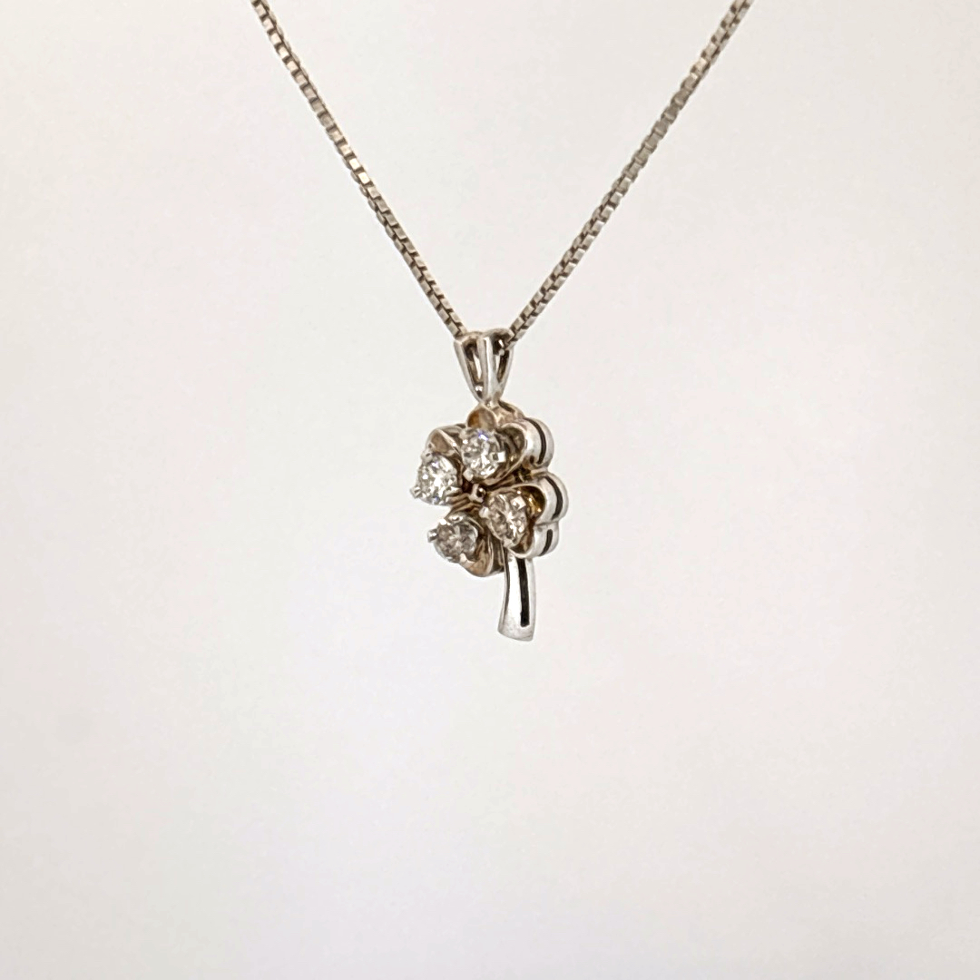 Natural Diamonds (1/4 CT), Clover Pendent Chain, 14K White Gold