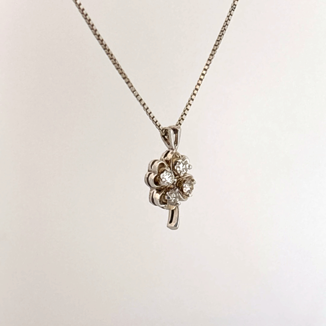 Natural Diamonds (1/4 CT), Clover Pendent Chain, 14K White Gold