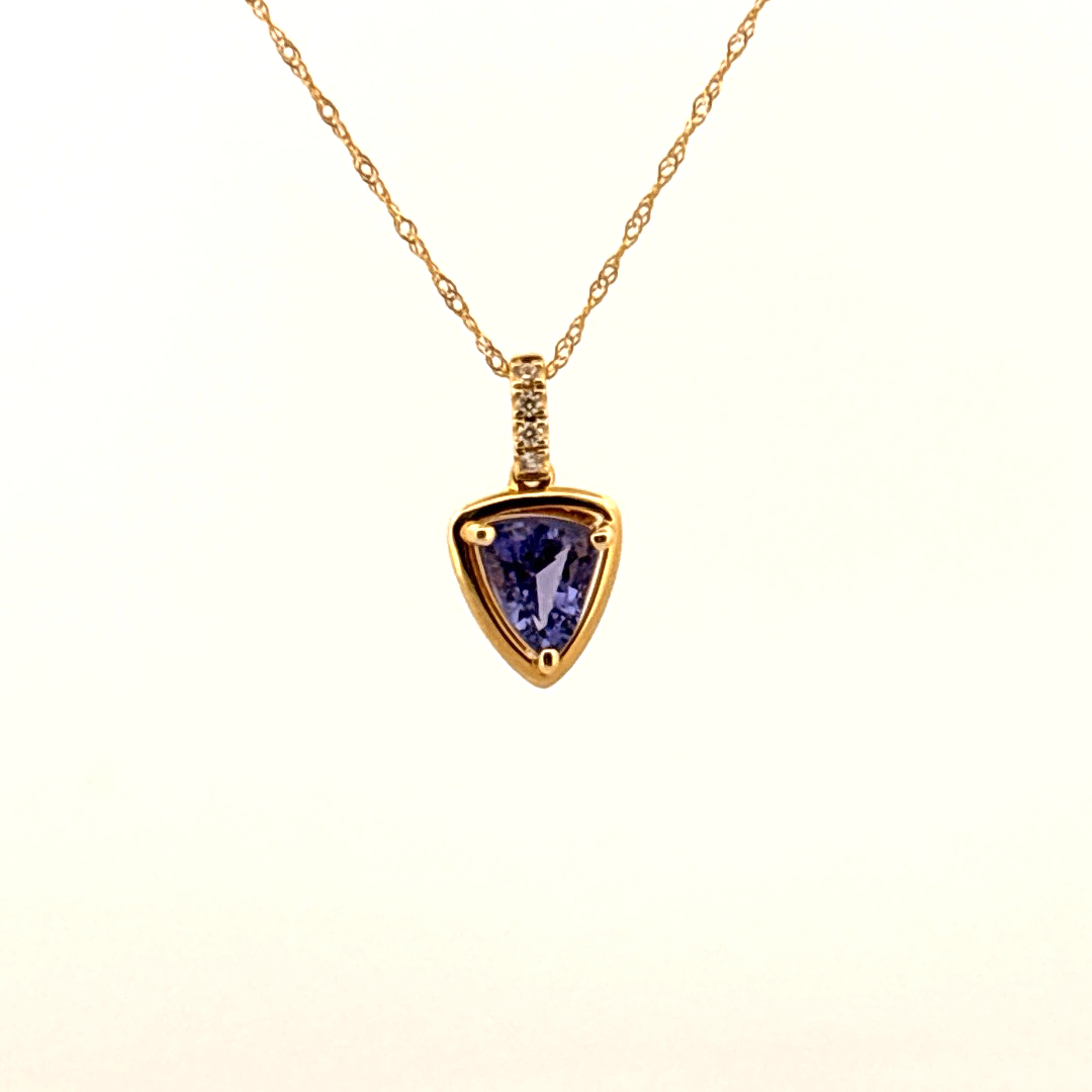 Natural Diamonds (0.03CT) and Natural Tanzanite (0.97CT) Pendent Chain, 14K Yellow Gold
