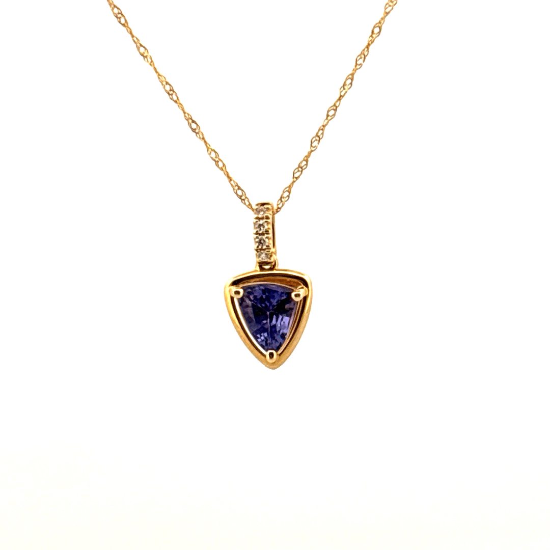 Natural Diamonds (0.03CT) and Natural Tanzanite (0.97CT) Pendent Chain, 14K Yellow Gold