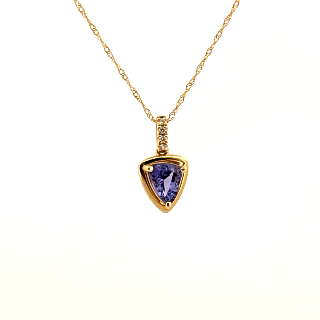 Natural Diamonds (0.03CT) and Natural Tanzanite (0.97CT) Pendent Chain, 14K Yellow Gold