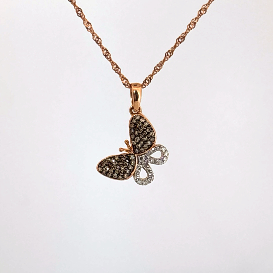 Butterfly Pendent chain with Cognac and Colorless Diamonds, Natural Diamonds(1/3 CTW)