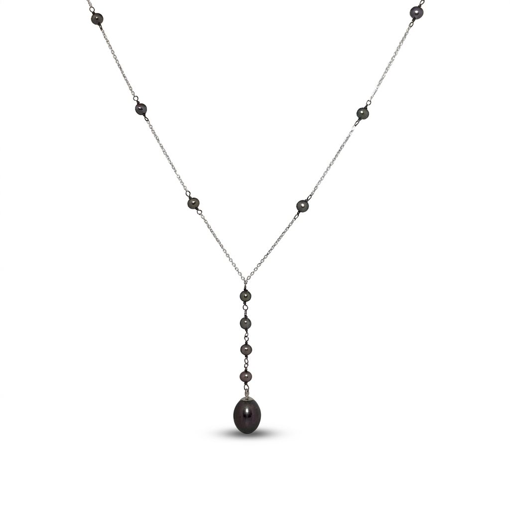 14K White Gold Necklace with multiple black pearls, featuring a larger black pearl drop pendant.