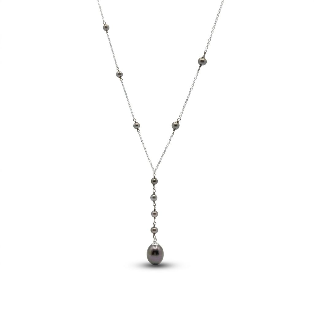 14K White Gold Necklace with multiple black pearls, featuring a larger black pearl drop pendant.