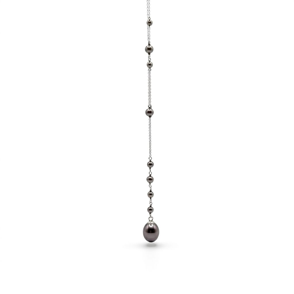 14K White Gold Necklace with multiple black pearls, featuring a larger black pearl drop pendant.