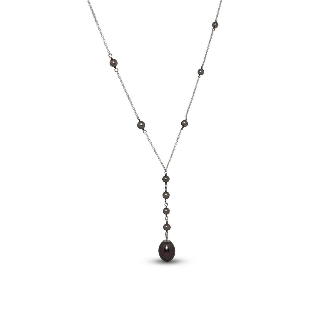 14K White Gold Necklace with multiple black pearls, featuring a larger black pearl drop pendant.