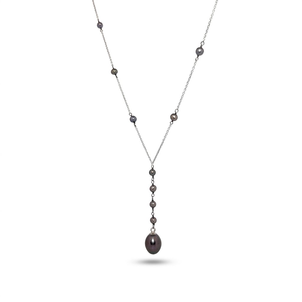 14K White Gold Necklace with multiple black pearls, featuring a larger black pearl drop pendant.