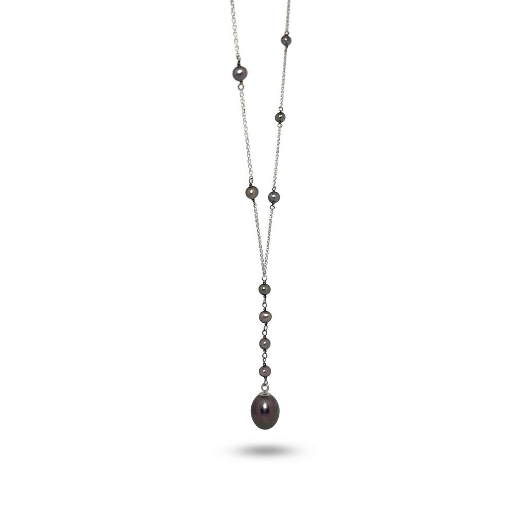 14K White Gold Necklace with multiple black pearls, featuring a larger black pearl drop pendant.