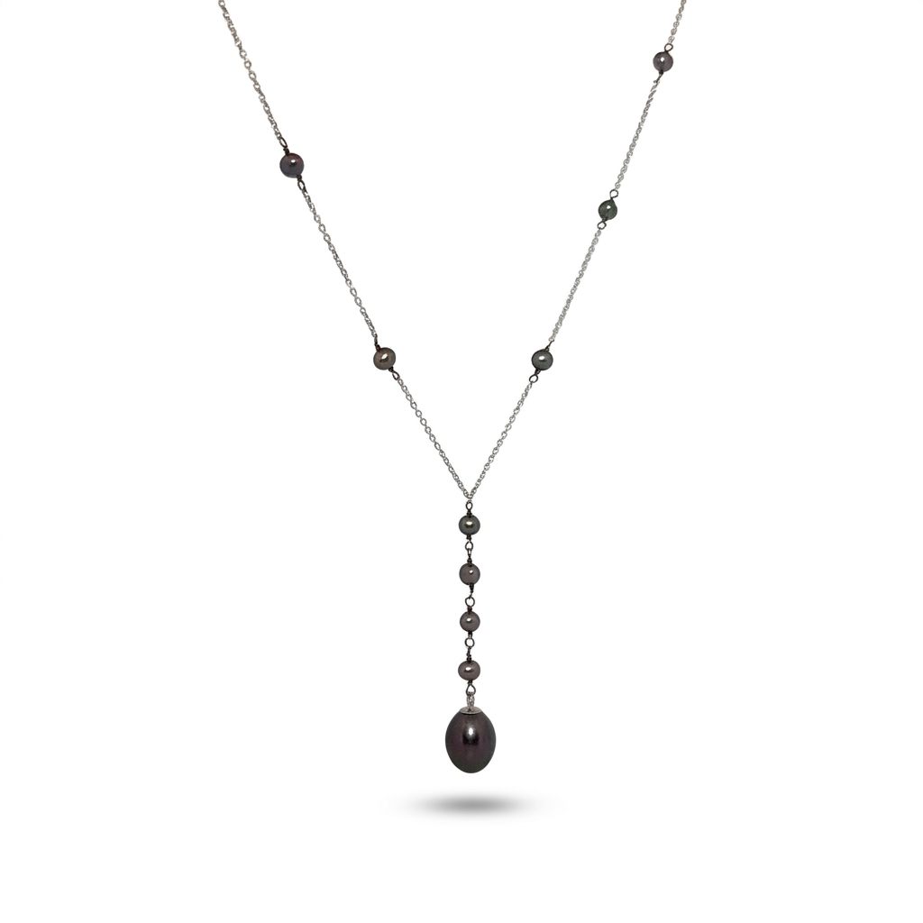 14K White Gold Necklace with multiple black pearls, featuring a larger black pearl drop pendant.