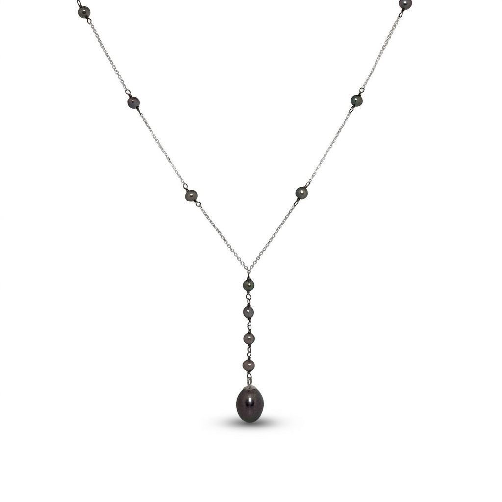 14K White Gold Necklace with multiple black pearls, featuring a larger black pearl drop pendant.