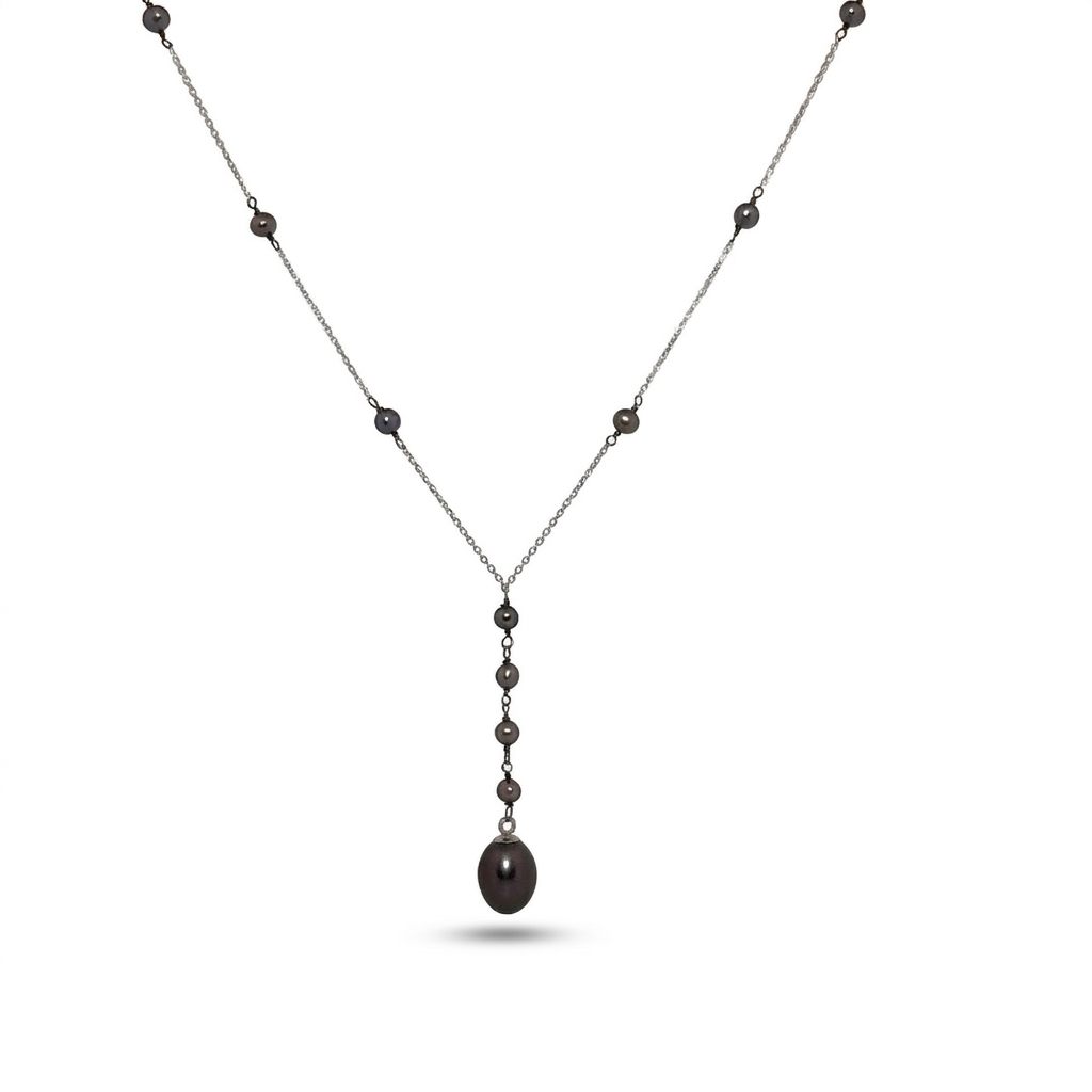 14K White Gold Necklace with multiple black pearls, featuring a larger black pearl drop pendant.
