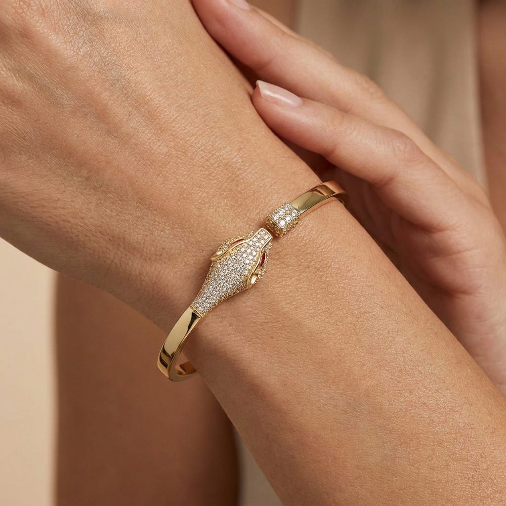 Serpent Style Bracelet with Solid Gold and Cubic Zirconia Stones, 14K Yellow Gold