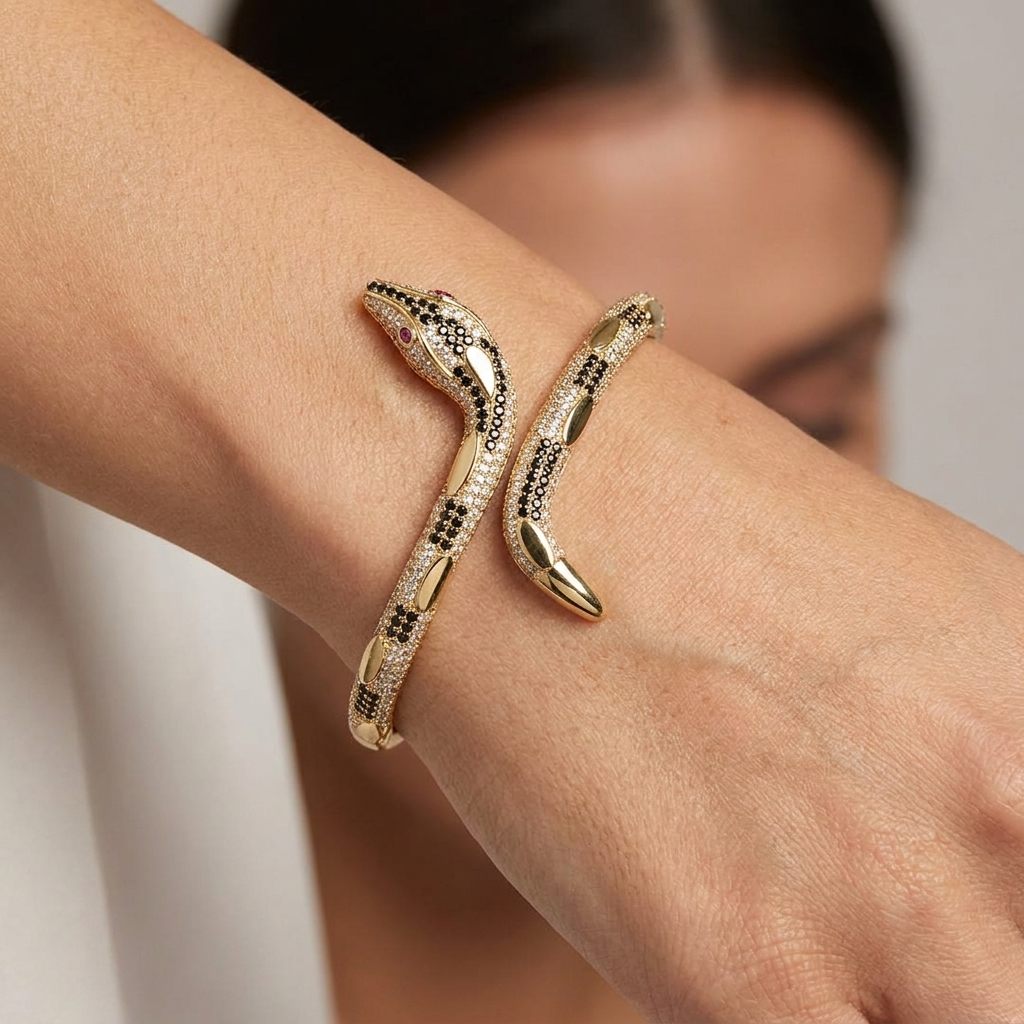 Serpent Style Bracelet with Solid Gold and Cubic Zirconia Stones