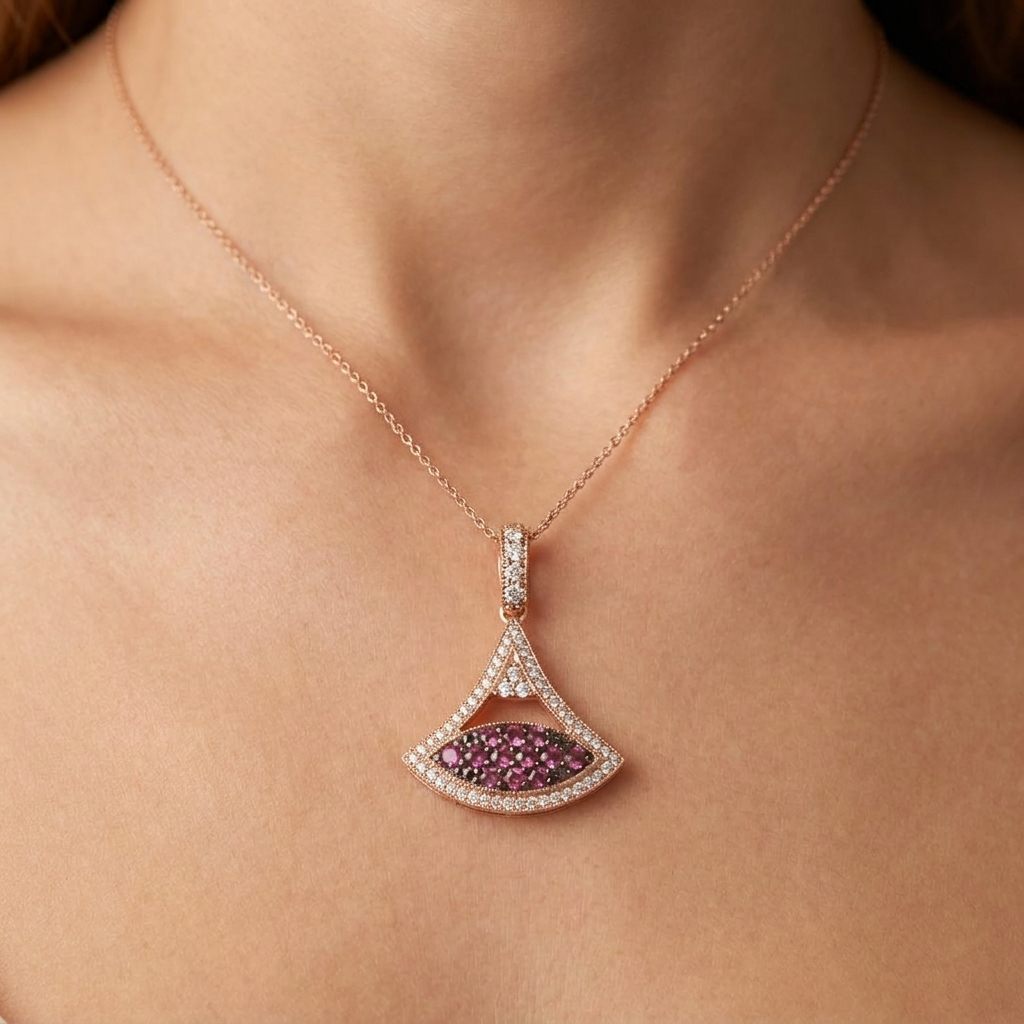 Natural Diamonds (0.75 CT), Natural Rhodolite Garnet, Diva Pendent Chain, 14K Rose Gold