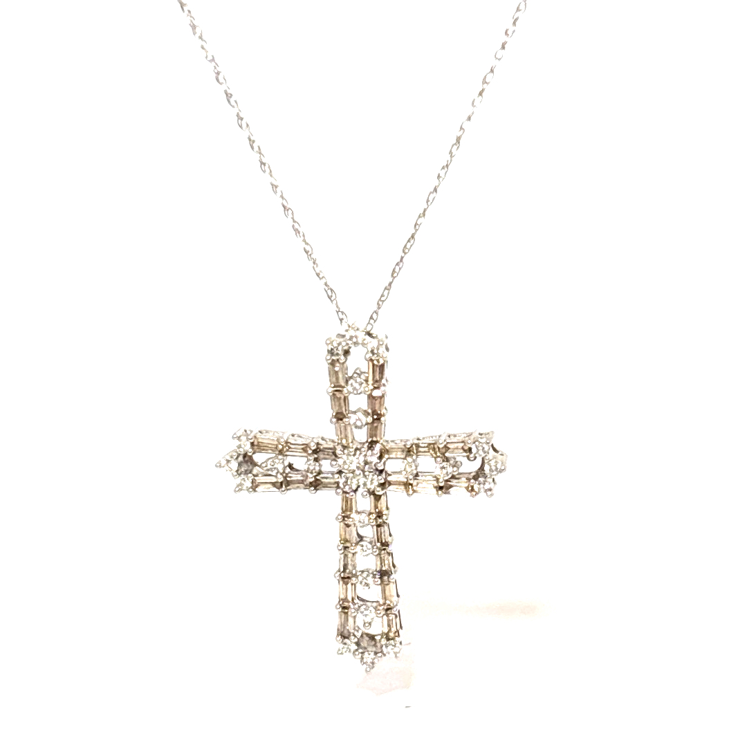 Baguette and round, 0.1CTW Natural Diamonds, Cross Pendant Chain, 18K White Gold