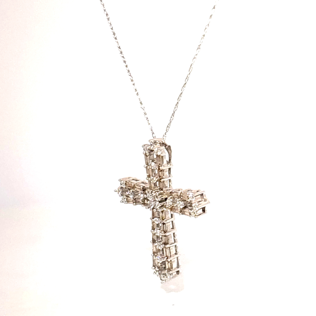 Baguette and round, 0.1CTW Natural Diamonds, Cross Pendant Chain, 18K White Gold